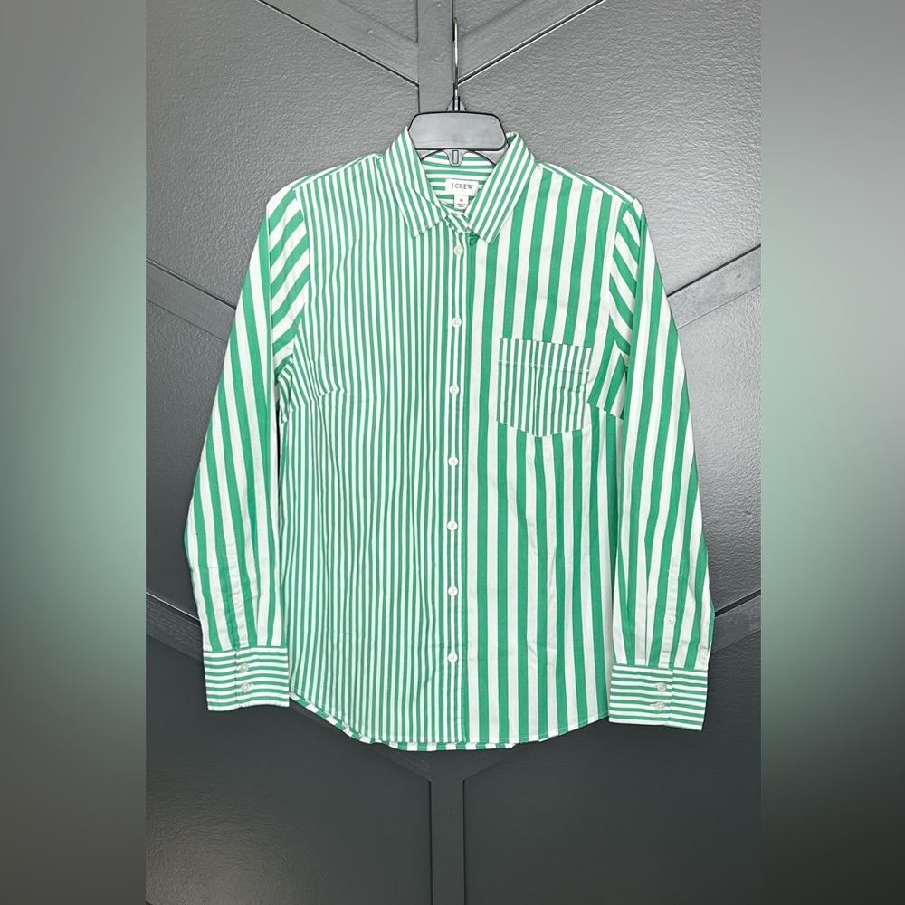 J. Crew Green and White Vertical Stripe Button-Down Shirt